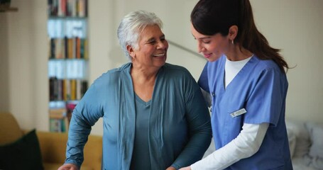 Canvas Print - Nurse, healthcare and walker with old woman in retirement home for physiotherapy, support or osteoarthritis. Help, occupational therapy and rehabilitation assistance with person with a disability