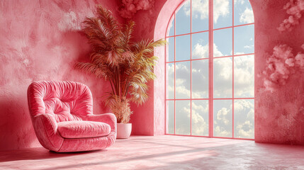 Pink armchair in a pink room with a window and palm tree.