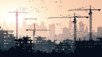 Silhouette of urban renewal construction, set against the backdrop of an evolving cityscape, with cranes and machinery rebuilding or revitalizing urban areas.