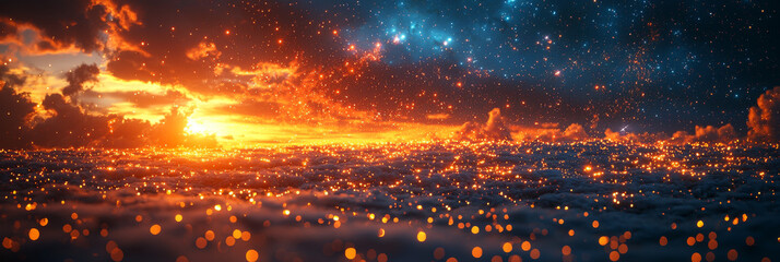 Canvas Print - Dreamy sunset over a sea of clouds with a starry sky above.