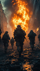 Wall Mural - Silhouettes of soldiers running through a war-torn city, with a blazing inferno behind them.