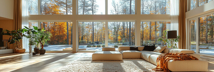 Wall Mural - Modern living room with large windows overlooking autumn forest.