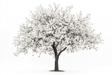 Tree with blossoms in delicate bloom on solid white background, single object