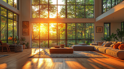 Canvas Print - Sunlight streams through large windows in a modern living room.