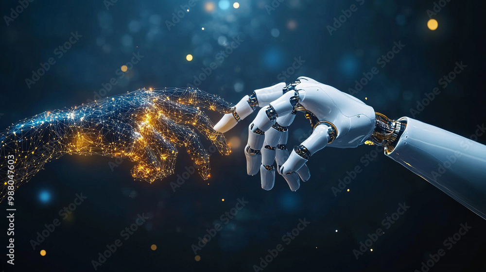robotic hand reaches out to connect with a human hand, symbolizing the ...