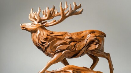 A detailed wooden sculpture of a majestic deer with intricate carvings on its body and antlers.