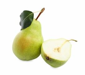 Wall Mural - Fresh ripe pears with green leaf isolated on white