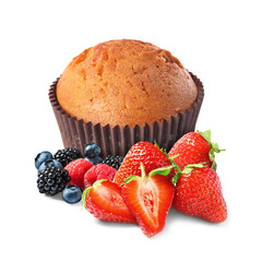 Poster - Yummy muffin with berries isolated on white