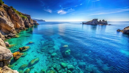 Wall Mural - Beautiful blue ocean with rocks and a cliff in the background, ocean, blue, rocks, cliff, water, waves, nature, scenic