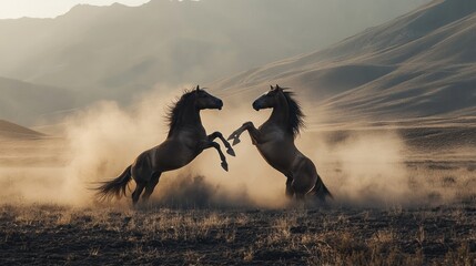 Poster - Two horses rearing in a dusty landscape during sunset, capturing a moment of wild beauty.