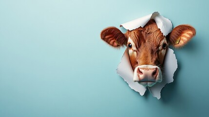 Canvas Print - A cow's head breaking through a paper wall against a light blue background.