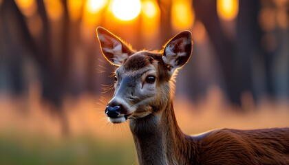 Majestic young red deer stag illuminated by the warm hues of sunrise