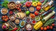 © Nasnunt - A vibrant assortment of Mediterranean diet inspired food products , Mediterranean, diet, healthy, olive oil, vegetables, fruits