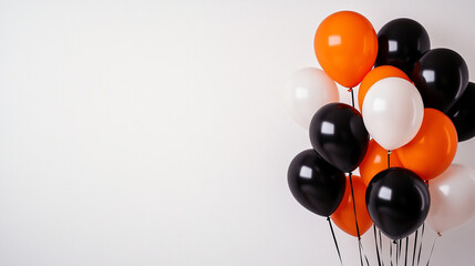 Wall Mural - A vibrant array of colorful black, white, and orange balloons floats against a stark empty wall, creating a striking Halloween-themed backdrop that evokes a sense of celebration and mystery