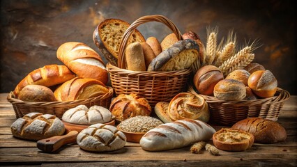 Wall Mural - Assorted bakery products including loafs of bread and rolls, bakery, bread, pastries, baked goods, breakfast, fresh, delicious