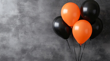 Wall Mural - colorful black, white, and orange balloons floats against a stark empty wall, creating a striking Halloween-themed backdrop that evokes a sense of celebration and mystery