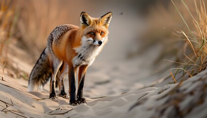 Vibrant Red Fox Posing Gracefully Along a Sandy Path