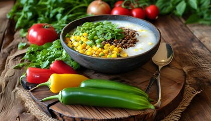 Delicious Brazilian organic cuisine featuring colorful couscous corn porridge with fresh vegetables on a rustic wooden table