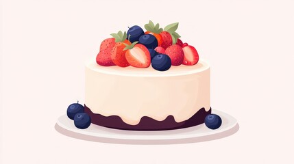 Elegant Cream Cake with Seasonal Fruits - Simple Flat Vector Design for Fresh Dessert Delight