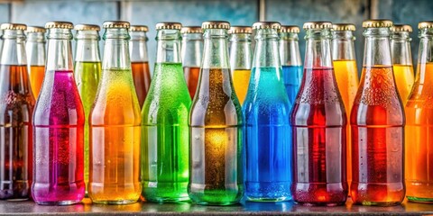 Colorful assortment of soda bottles on shelf , variety, beverages, drinks, carbonated, display, collection