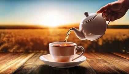 cup of tea, a person holds the teapot in his hand while pouring a cup of tea