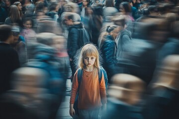 Wall Mural - girl lost in nowhere in the crowd with motion blur effect, feeling sad concept of being fatherless a