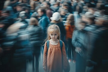 Wall Mural - a girl standing still while everyone around her is a blur of motion, representing her feeling stuck 