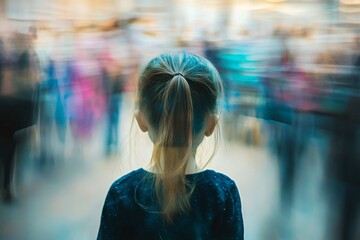 Wall Mural - a young girl standing in the center of a blurry, fast-moving crowd, feeling invisible and forgotten