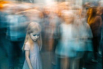 Wall Mural - a girl looking down at her feet while the crowd around her swirls in a blur, highlighting her feelin