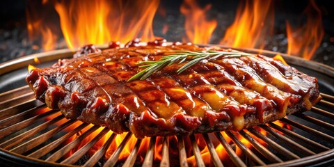 Mouthwatering rack of ribs grilling on round grill with barbecue glaze over hot coals, barbecue, ribs, grilling, hot coals