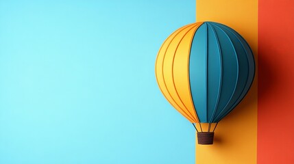 A paper hot air balloon crafted in vibrant blue and yellow colors floats against a backdrop of bright blue, yellow, and orange hues