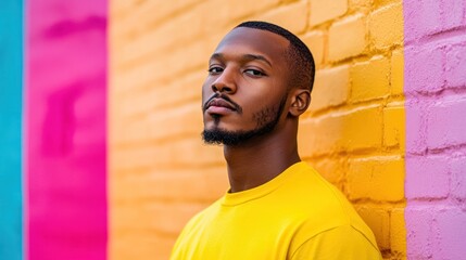 Canvas Print - A confident individual poses against a vibrant, colorful brick wall.