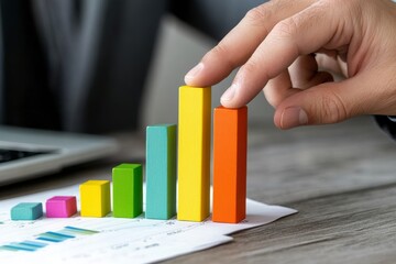 Hand reaching towards a bar chart, representing financial growth and company revenue analysis, emphasizing business success and strategy