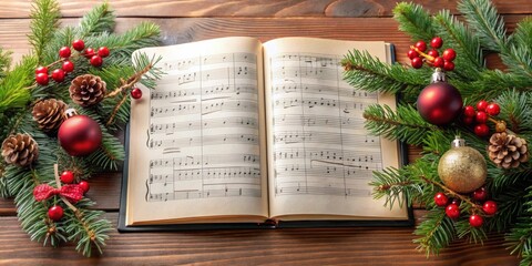 Detail of open songbook with Christmas carols, songbook, Christmas, carols, music, festive, holiday, seasonal, traditional