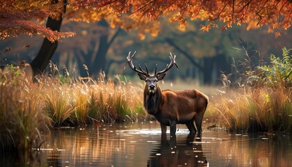 Majestic red deer stag in a serene pond amidst autumns rutting season