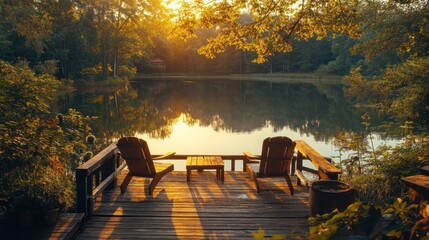 Poster - Serene lakeside deck at sunset with two chairs and a peaceful reflection.