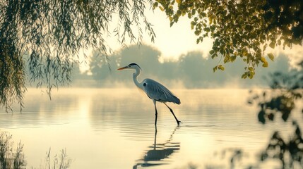 Poster - A serene heron wading through misty waters at dawn, surrounded by lush greenery.