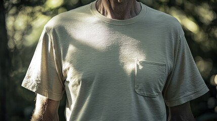 Sticker - A close-up of a person wearing a light-colored t-shirt in a natural setting.