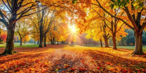 Wall Mural - Sunny park in autumn with colorful leaves on the ground and trees, fall, autumn, landscape, park, sunny, colorful, leaves