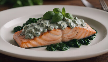 Wall Mural - salmon in spinach cream sauce on a plate