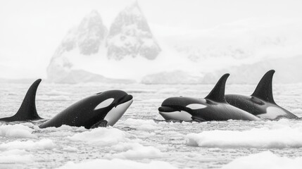 Sticker - Three orcas swimming in icy waters with a snowy backdrop.