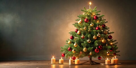 Wall Mural - Burning candles on Christmas decorations at the foot of a Christmas tree decorated with spheres , Christmas, candles, decorations