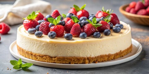 Delicious homemade cheesecake with a graham cracker crust topped with fresh berries and whipped cream, cheesecake, dessert