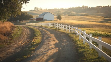 Poster - A serene dirt road leads to a barn amidst rolling hills at sunrise.