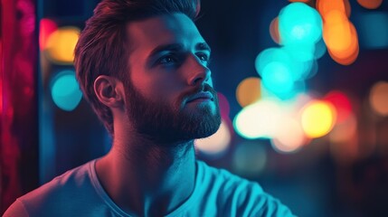 Poster - A contemplative young man gazes upward, surrounded by vibrant city lights at night.