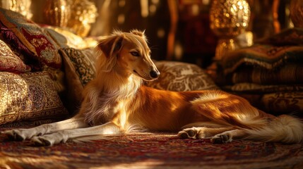 Wall Mural - A serene dog lounging on ornate textiles, illuminated by warm sunlight.