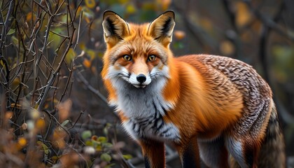 Playful Red Fox Curiously Exploring Shrubs in a Lush Green Landscape