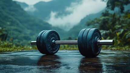 Dumbbell on Wet Ground in Scenic Mountain Setting