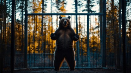 Poster - A bear stands in a cage, surrounded by trees, highlighting wildlife captivity.