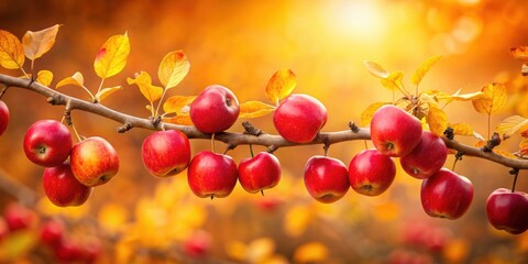 Many small red apples on a tree branch in a golden autumn setting, apples, red, small, branch, tree, gold, autumn, harvest